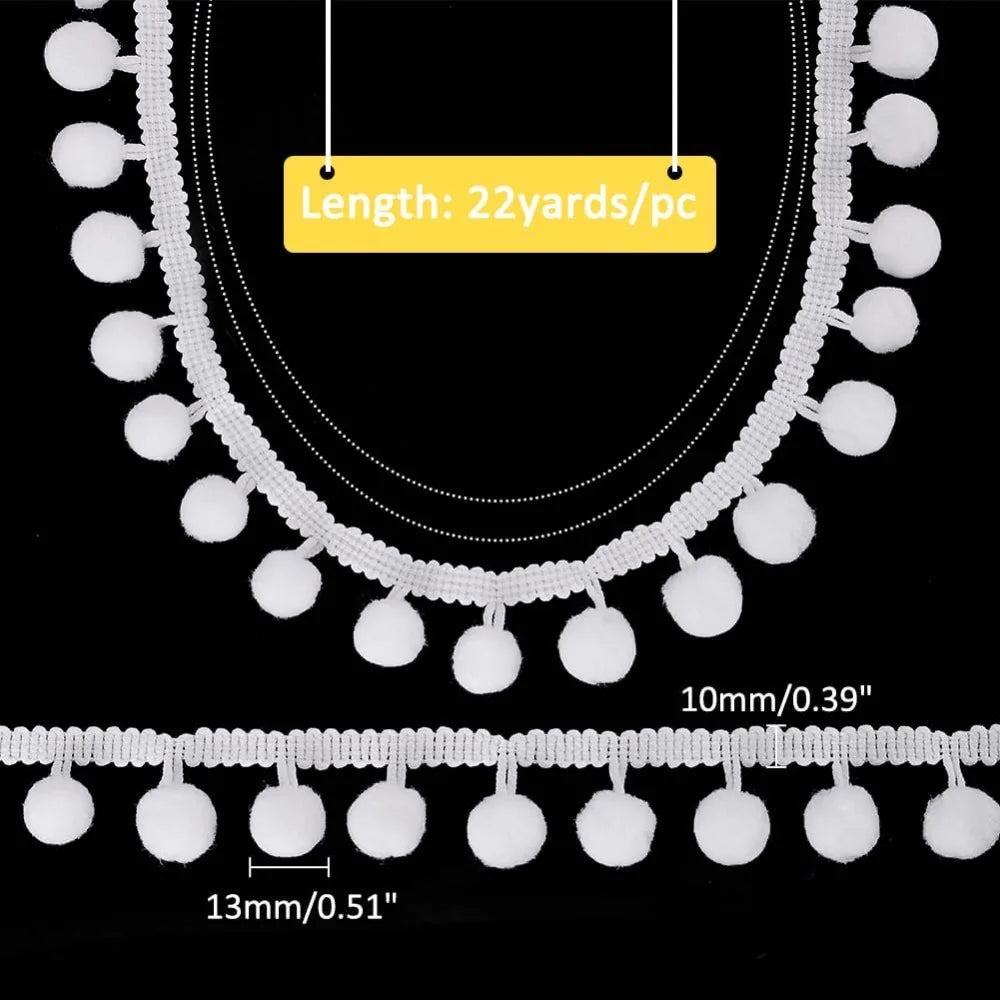22 Yards White Pom Pom Ball Fringe Trim – 10mm Tassel Lace