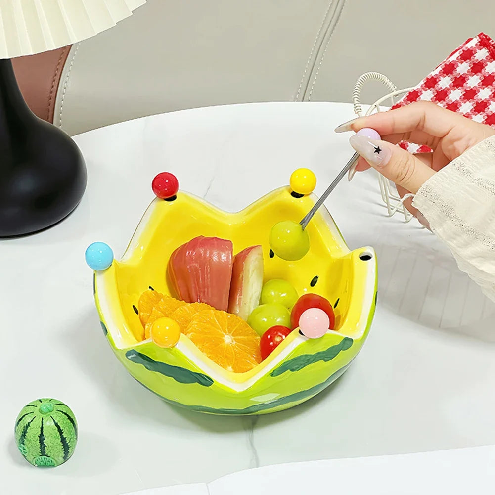 Watermelon Ceramic Fruit Bowl with Forks – Large Capacity