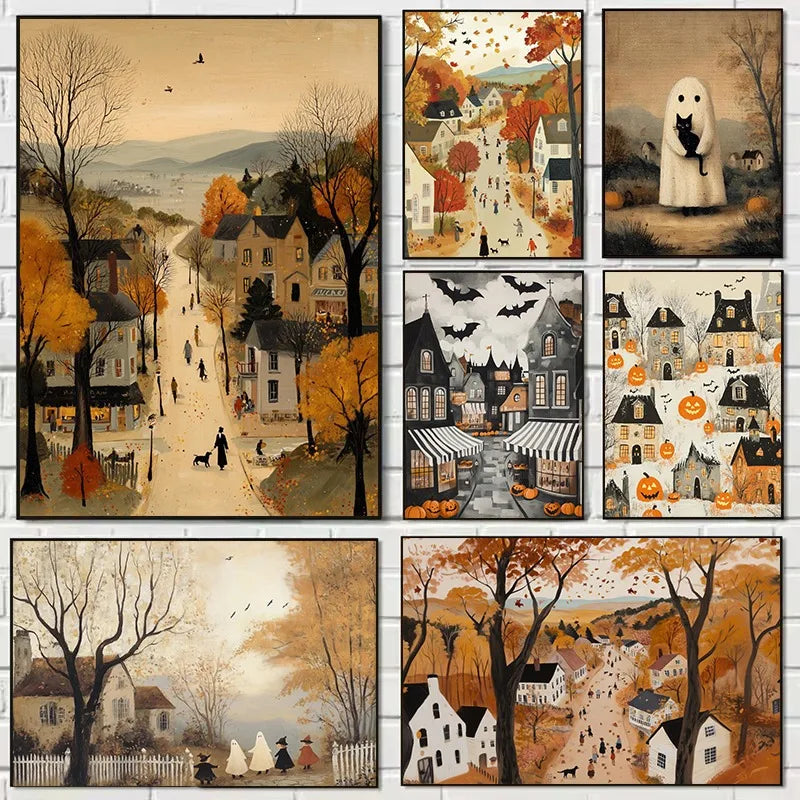 Halloween Ghost Town Canvas Wall Art | Whimsical Fall Print