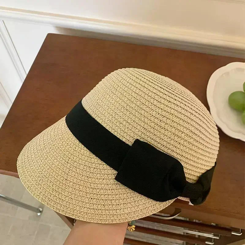 Women's Vintage Straw Sun Hat – French Flat Top Bow Beach Cap
