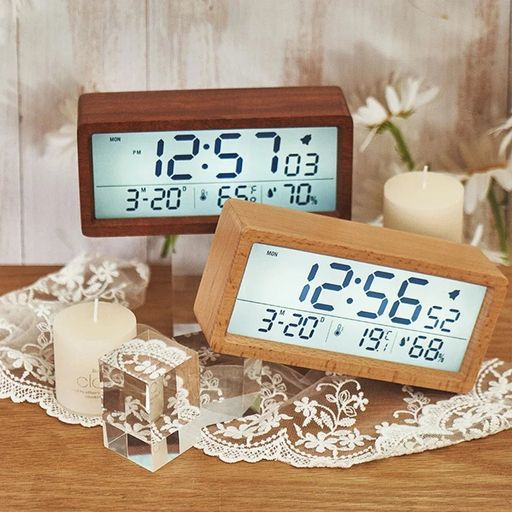 Wooden Digital Alarm Clock – Temp, Humidity & Date Display