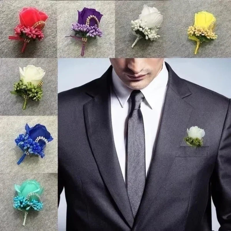 Silk Rose Groom Corsage Brooch – Men's Wedding Boutonnière Pin