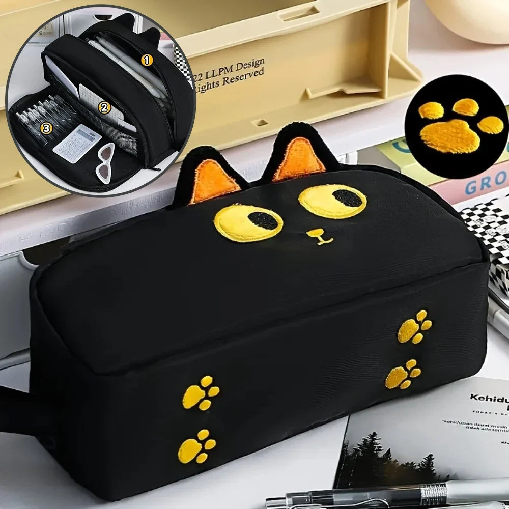Cute 3D Black Cat Pencil Bag Large Capacity Polyester Pouch Paw