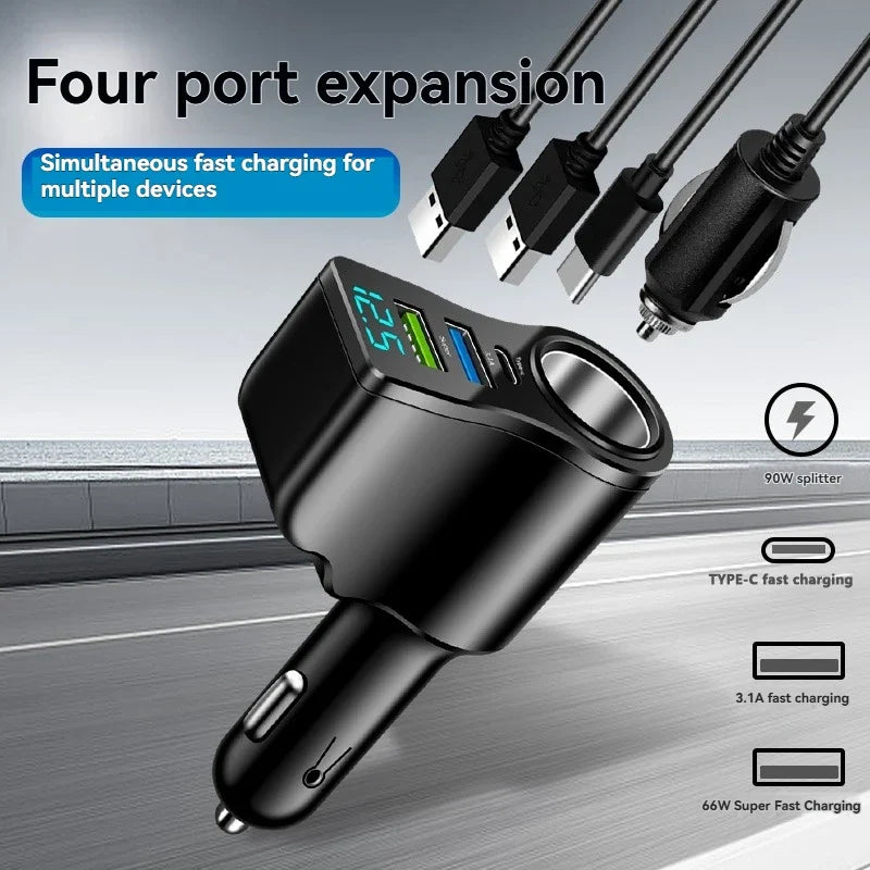 66W Dual USB Car Charger with Digital Display | 3-in-1