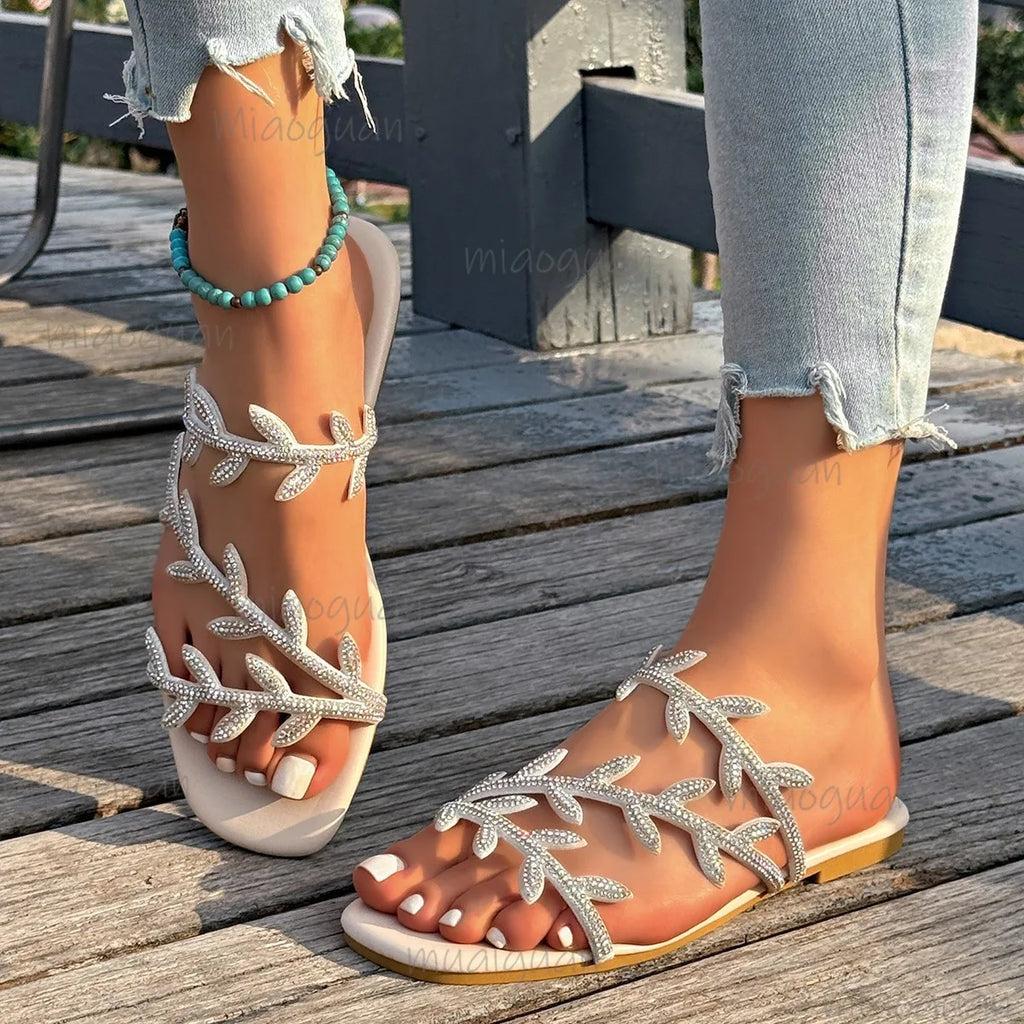 Women's Rhinestone Leaf Flat Slide Sandals | Summer Beach Slippers