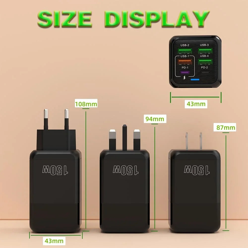 150W 6-Port USB-C Wall Charger | PD QC 3.0 Fast Charging