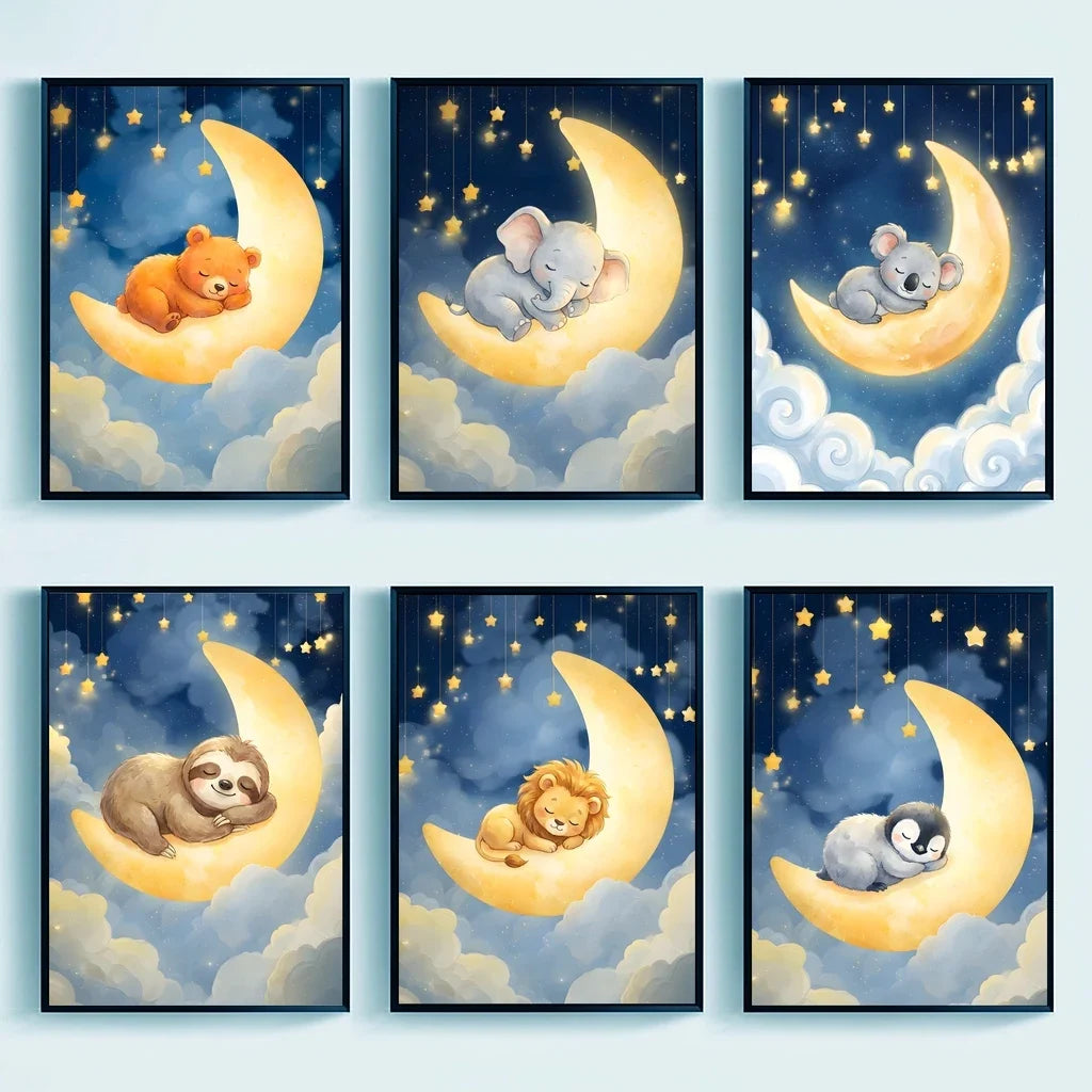 Nordic Animal Moon Canvas Print – Baby Nursery Wall Art Poster