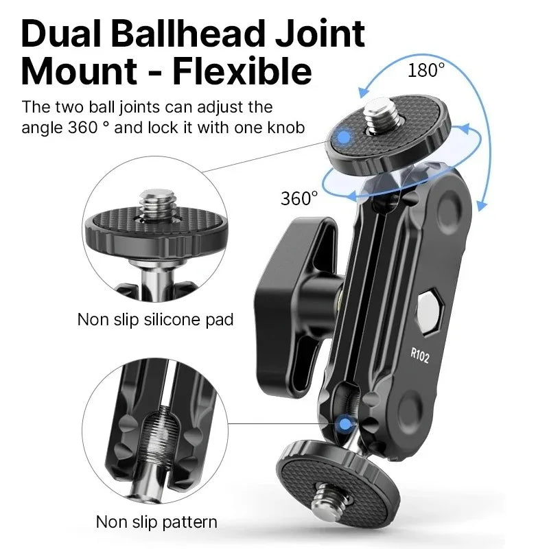 R102 Metal Double Ball Head Magic Arm – 360° 1/4" Mount