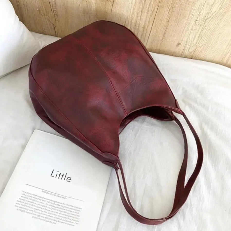 Large Vintage Women's PU Leather Shoulder Tote Bag – Retro Style