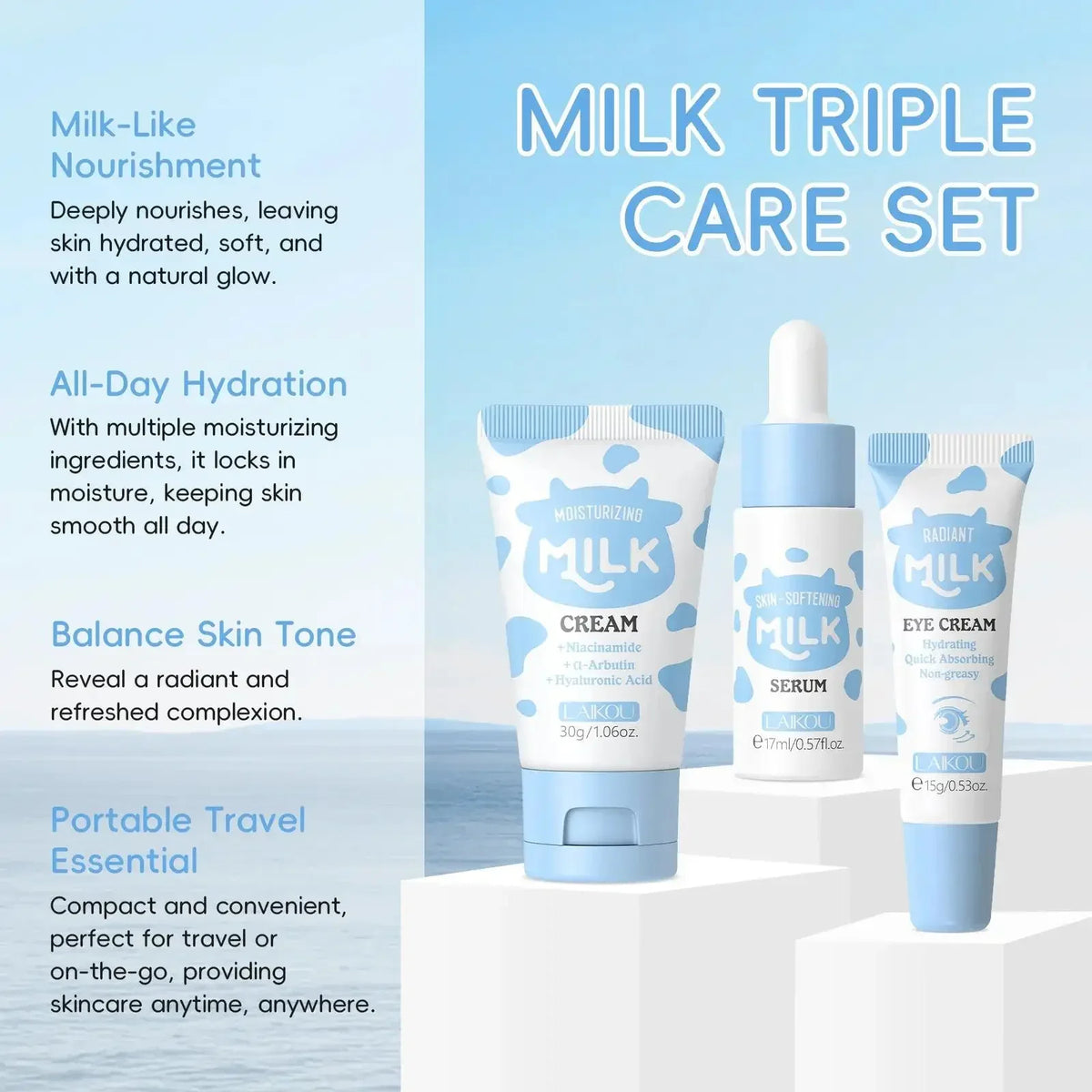 LAIKOU Milk Glow Skincare Set – Serum, Eye Cream & Moisturizer