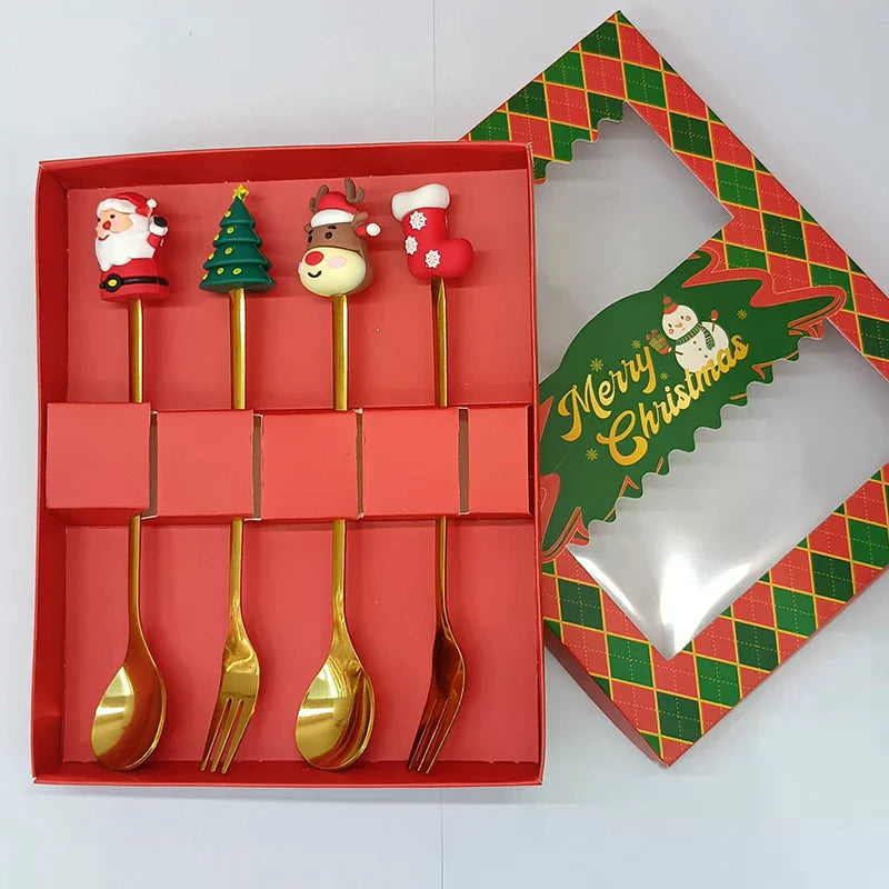 Stainless Steel Christmas Dessert Spoons Cake Forks Cartoon Tree Elk