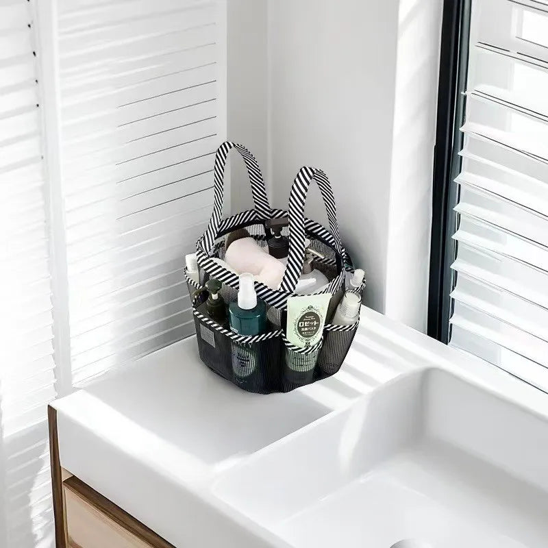 Mesh Shower Caddy Tote – 8 Pockets & Oxford Handles | Black
