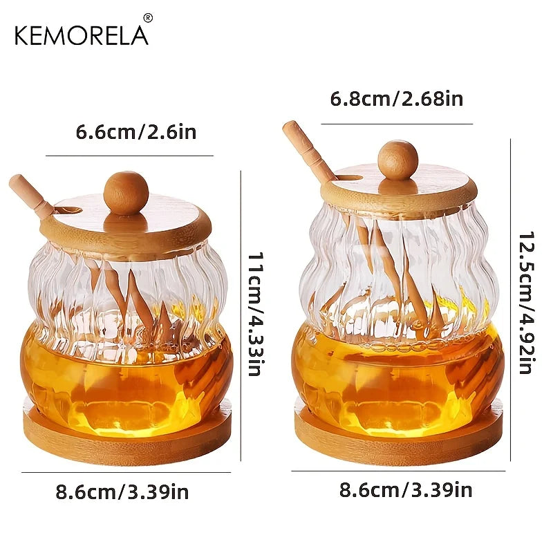 KEMORELA Glass Honey Jar with Wooden Spoon & Lid – 330/450ML