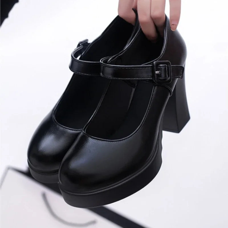 Women's Chunky Heel Pumps – Round Toe Buckle Strap Dress Shoes