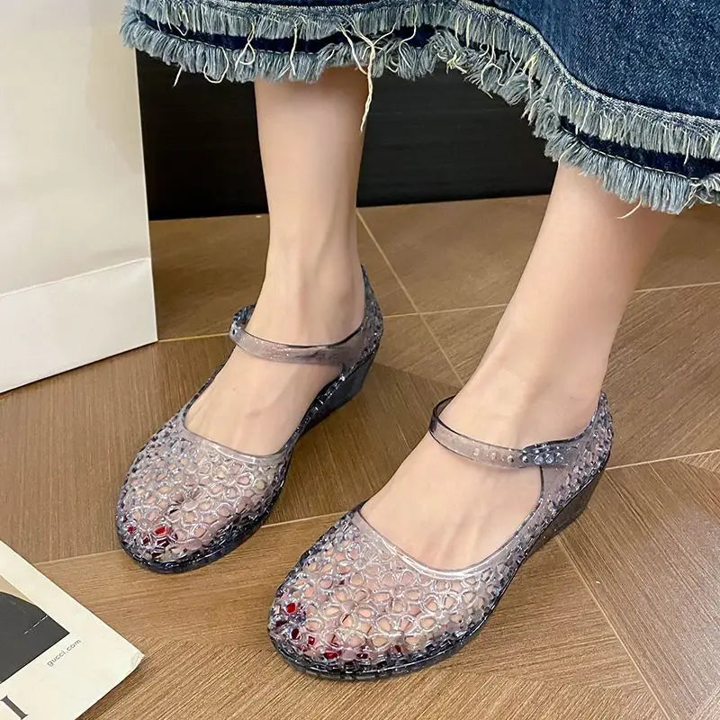 Glitter Jelly Mary Jane Wedge Sandals – Sparkly Ankle Strap