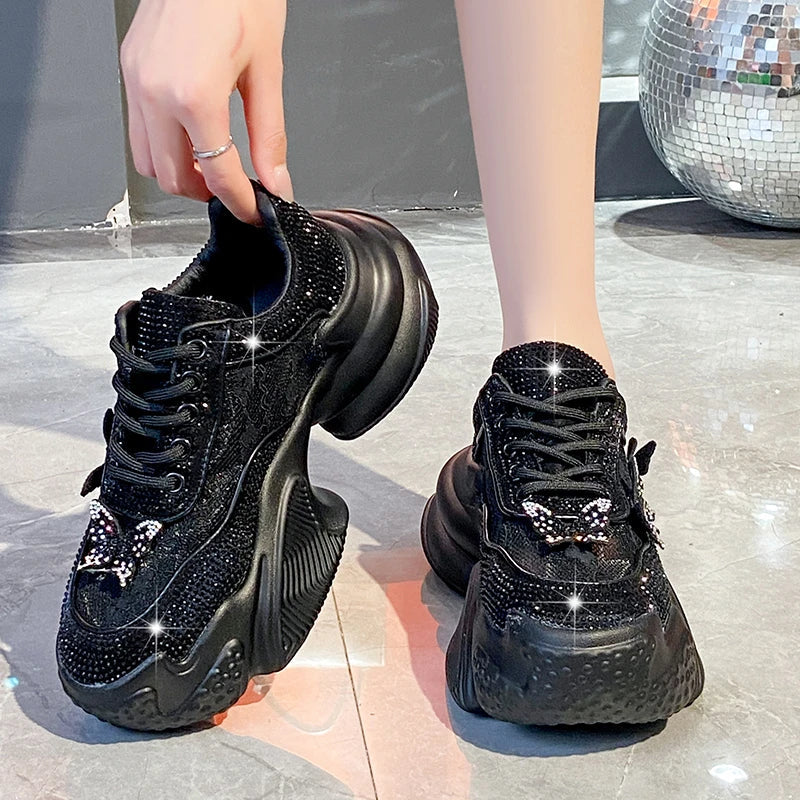 Women's Platform Sneakers – Butterfly Bling Lace-Up Casual Shoe