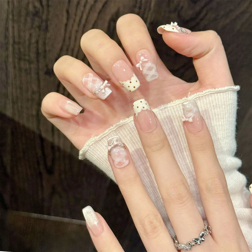 Sweet Stars Bow Press-On Nails | Cat's Eye French Tips 10pcs