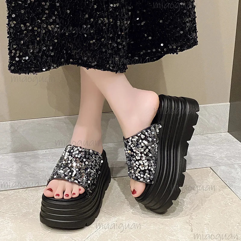 Women's Platform Wedge Slides – Sequin Peep Toe Sandals 8cm