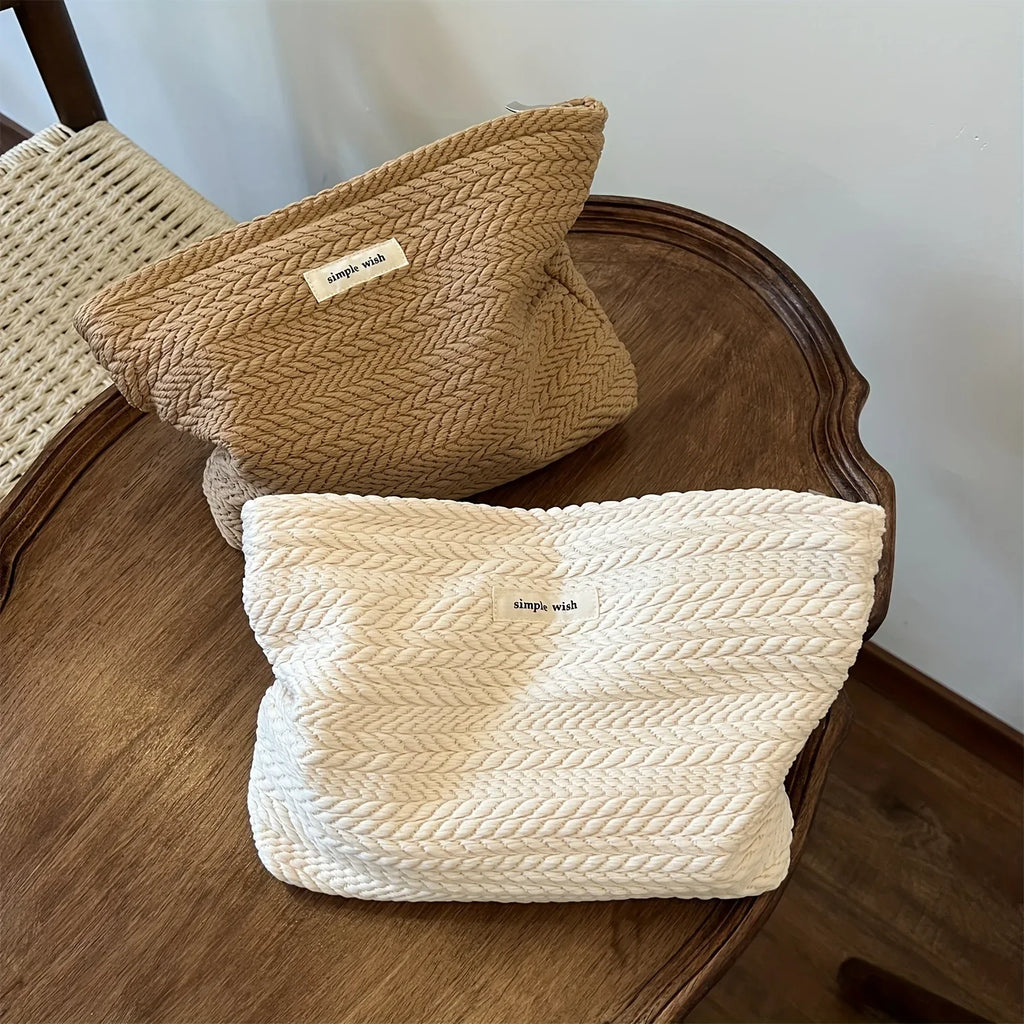Rice Grain Pattern Woven Fabric Handbag Women's Travel Cosmetic