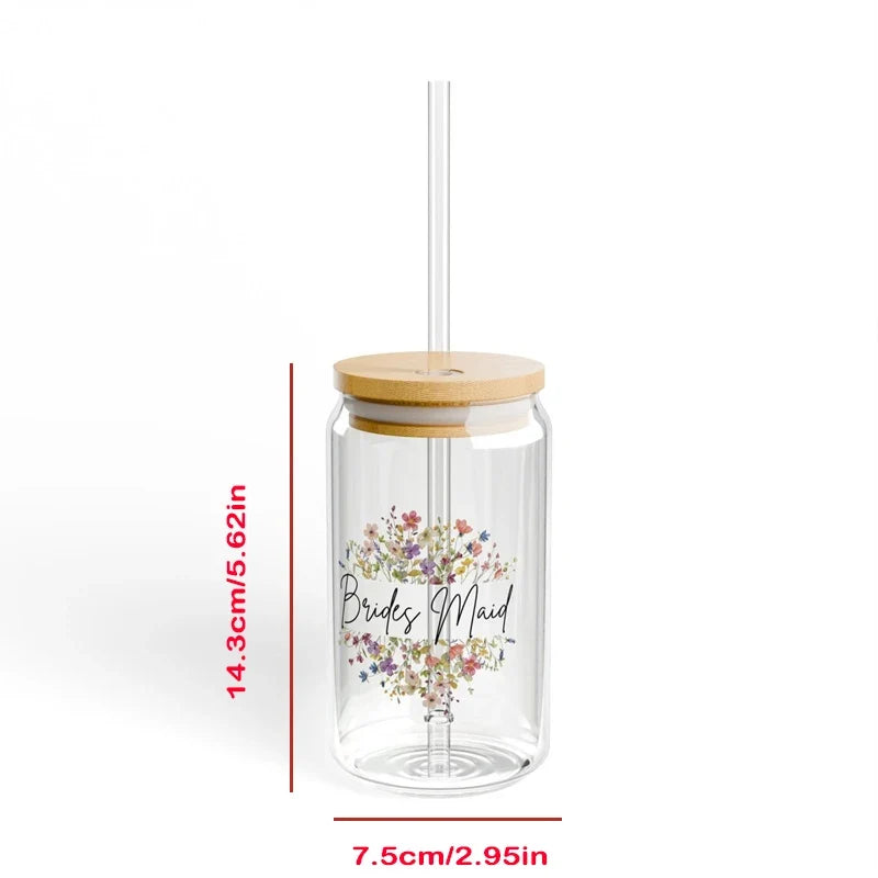 Bridesmaid Wildflower Glass Tumbler | Wooden Lid & Straw Gift