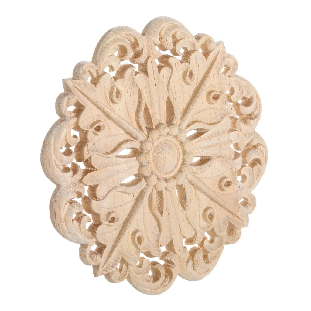 Retro Unpainted Wood Round Applique – Wall, Door & Furniture Decor
