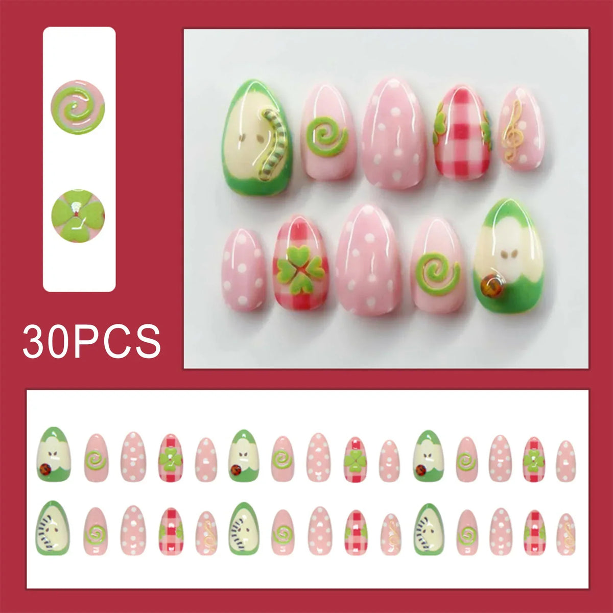 Press Nails Cute 3D Fruit Resin Fake Sweet Polka Dot Manicure Almond