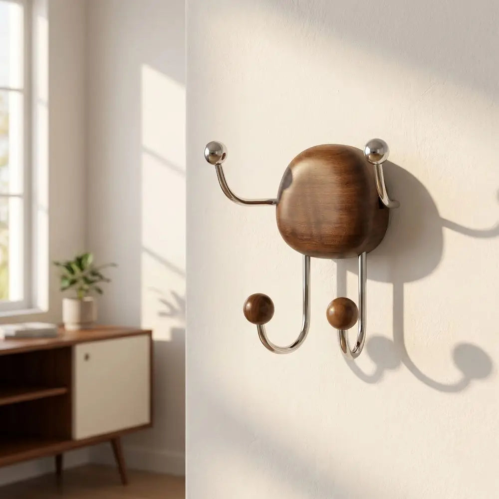 Wood & Steel Suction Cup Wall Hook Rack – No-Drill Organizer