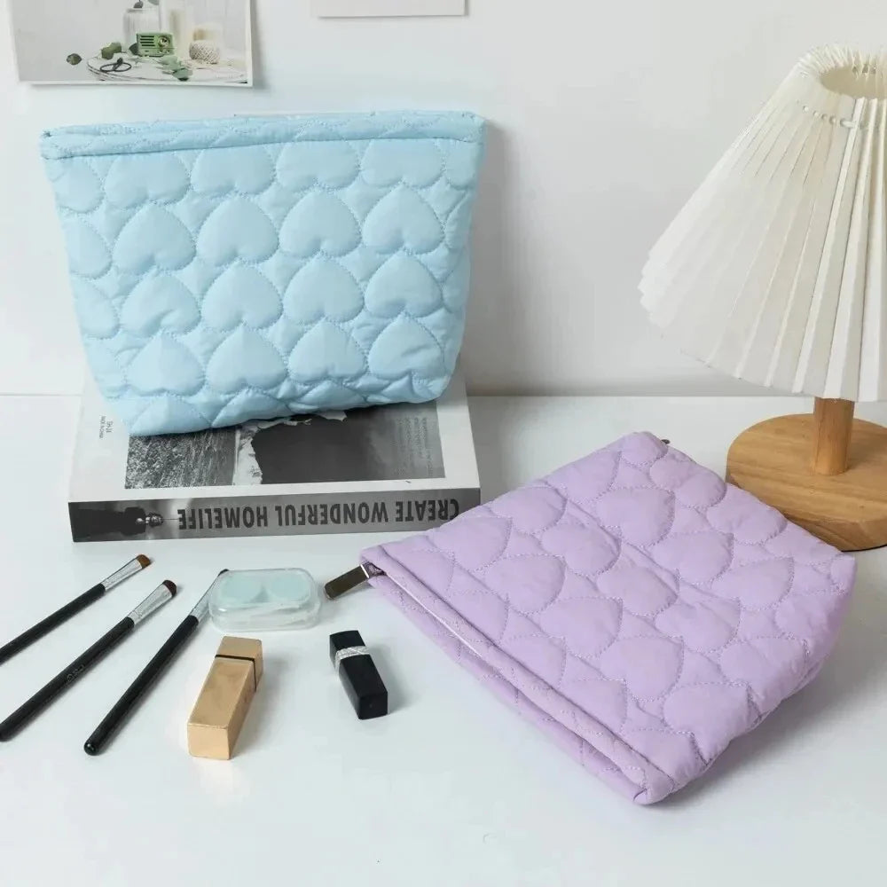 Korean Heart Quilted Cosmetic Bag | Large Capacity Makeup Organizer