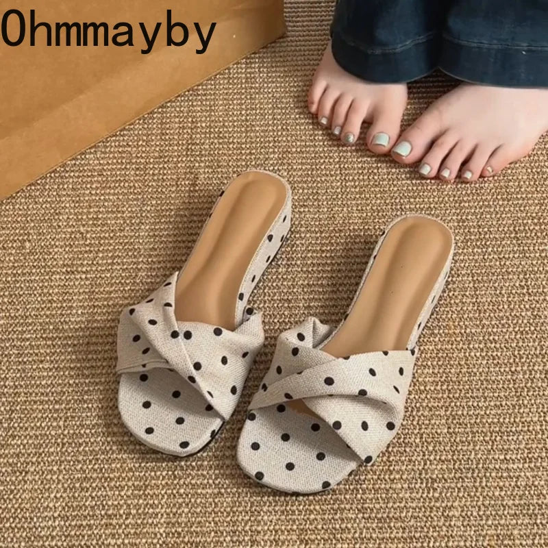 Women's Polka Dot Wedge Slippers – Open Toe Slip-On Slides