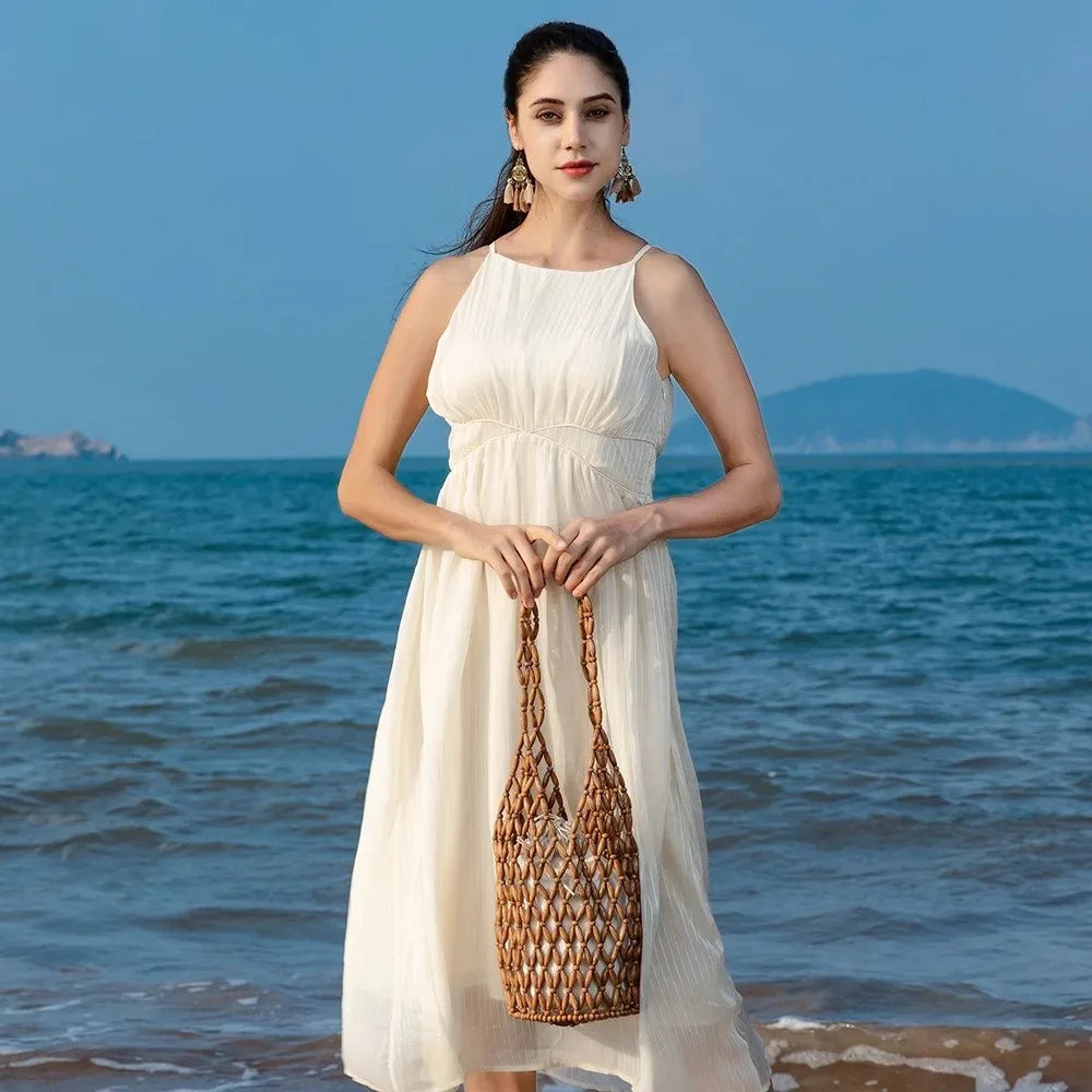 Women's Woven Wooden Bead Tote Bag – Hollow-Out Bucket Shoulder