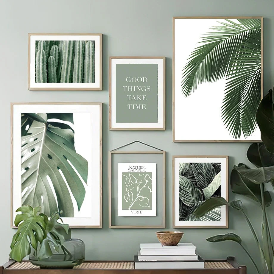 Sage Green Monstera Tropical Leaf Canvas Wall Art | Boho Print