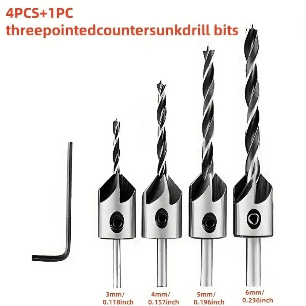 4-Piece Countersink Drill Bit Set – 3–6mm Wood Screw Bits