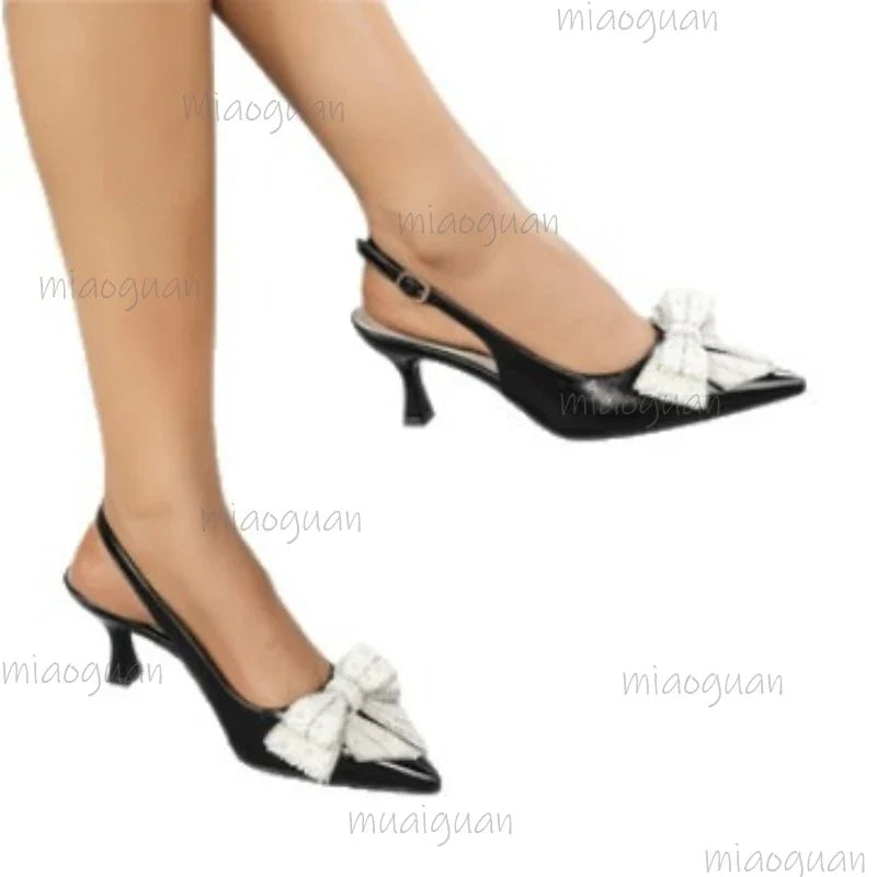 Pearl Bow Women's Pointed Toe High Heel Sandals | Wedding Pumps