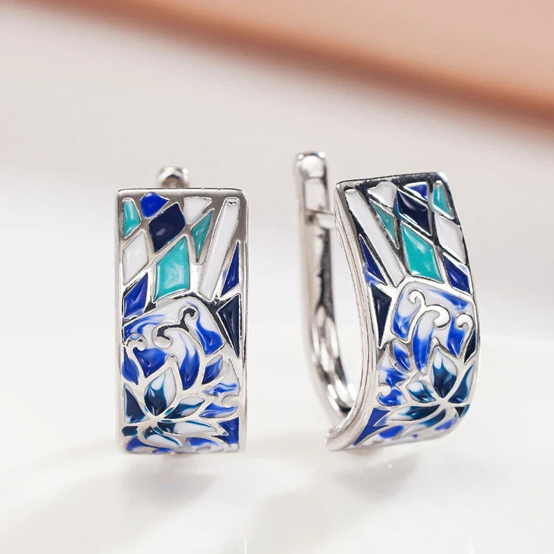 Huitan Blue Flower Hoop Earrings – Dainty Women's Jewelry