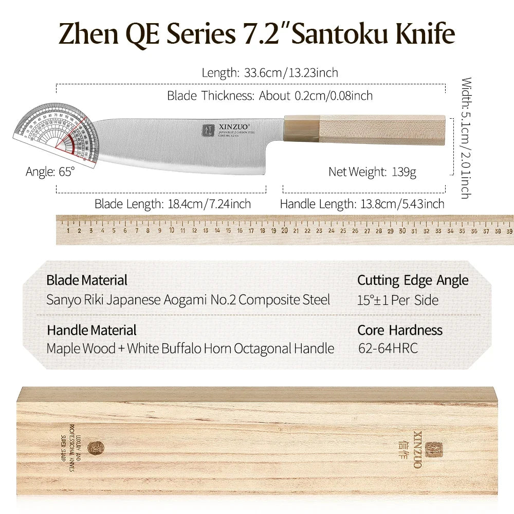 XINZUO Santoku Knife 7.24" Aogami No.2 Steel | Maple Horn Handle