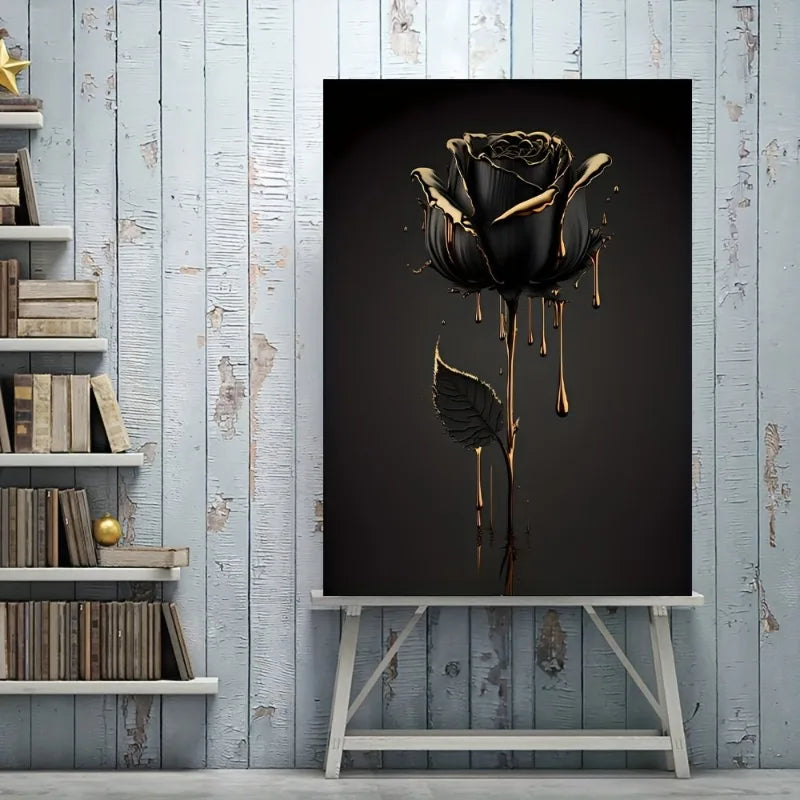 Golden Black Rose Canvas Wall Art | Floral Poster Room Decor