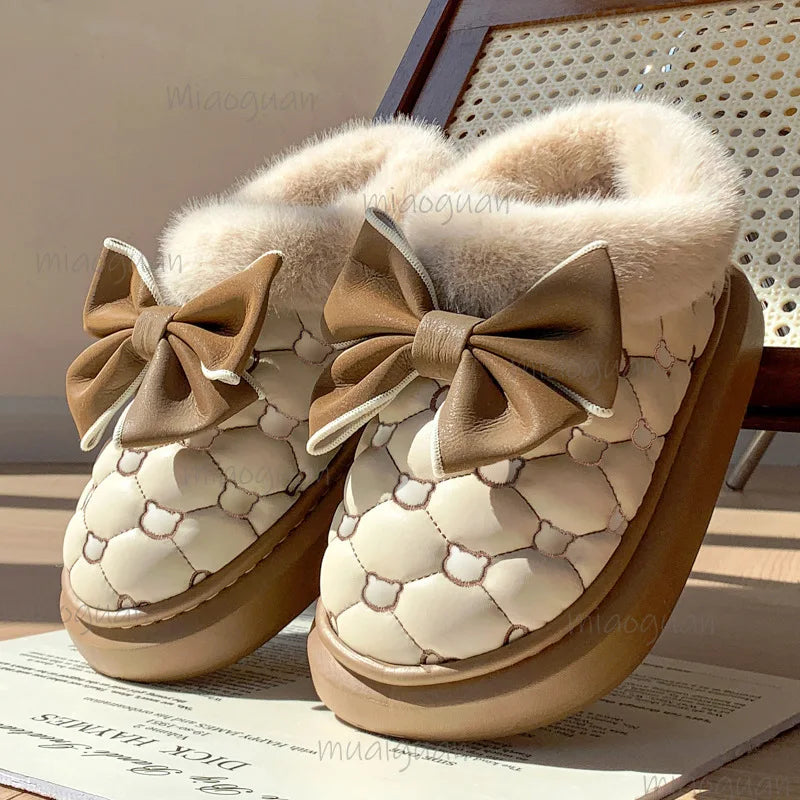 Women's Fluffy Platform Slipper Boots – Bowknot Winter Booties