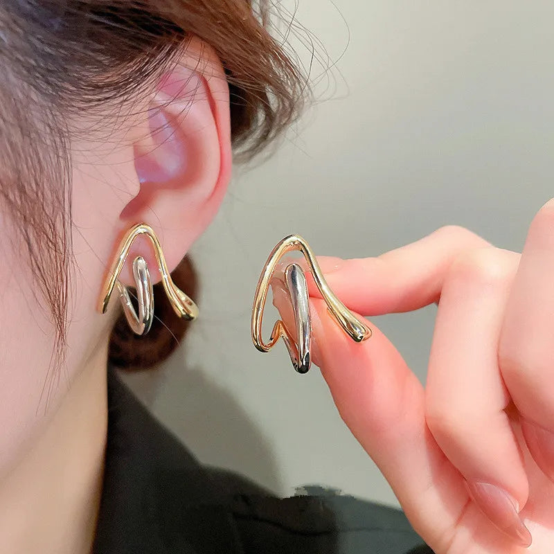 Huitan Two-Tone Metal Stud Earrings | Geometric Fashion Jewelry