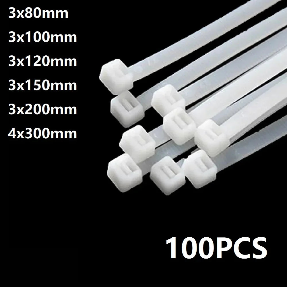100Pcs White Nylon Self-Locking Cable Ties | Multi-Size Wire Organiser