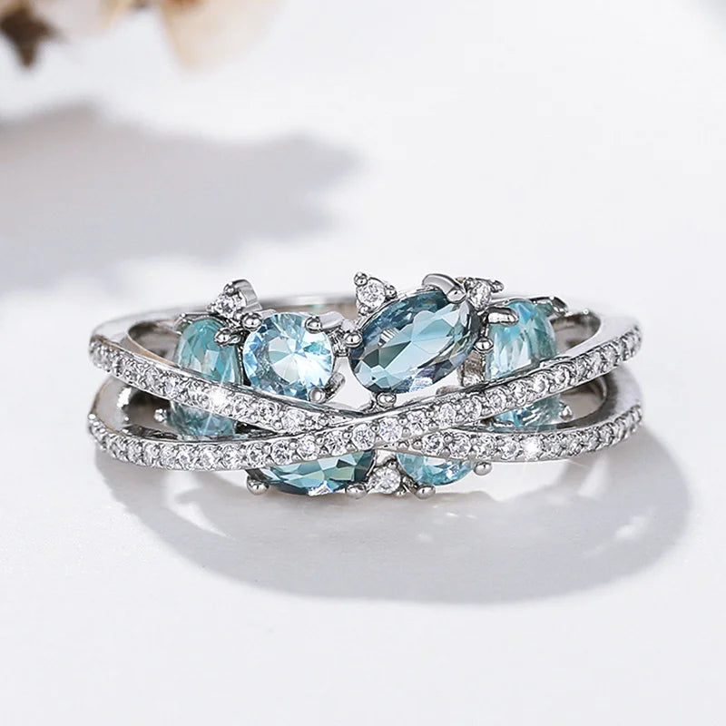 Huitan Blue Cubic Zirconia Cross Ring – Women's Wedding Band