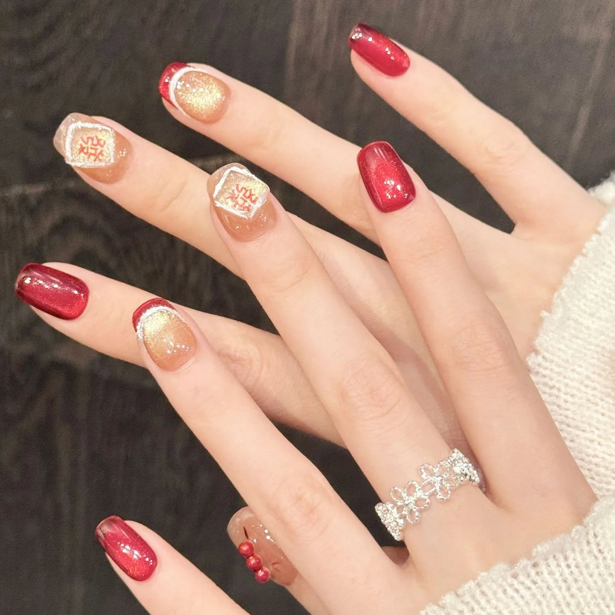 Handmade Year Press Nails 3D Decor Red Gold Cat's Eye Fake Wearable
