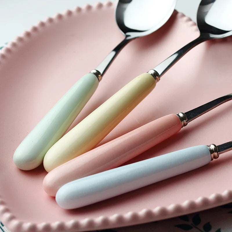 4-Piece Ceramic Handle Dessert Spoons – Stainless Steel Set