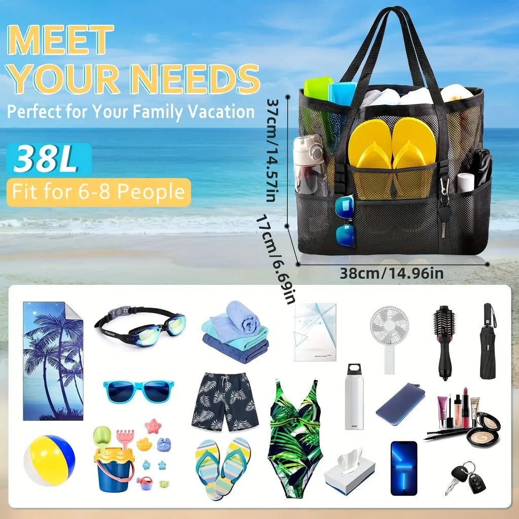 Large Capacity Folding Mesh Beach Bag Breathable Lining Reinforced