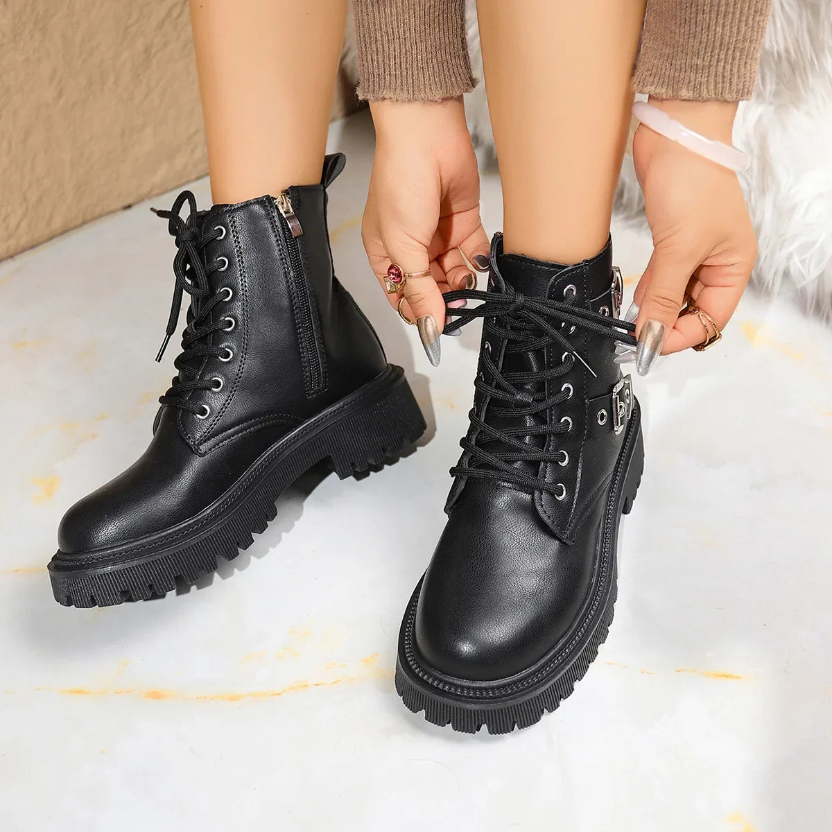 Women's Buckle Lace-Up Ankle Boots | PU Platform Booties