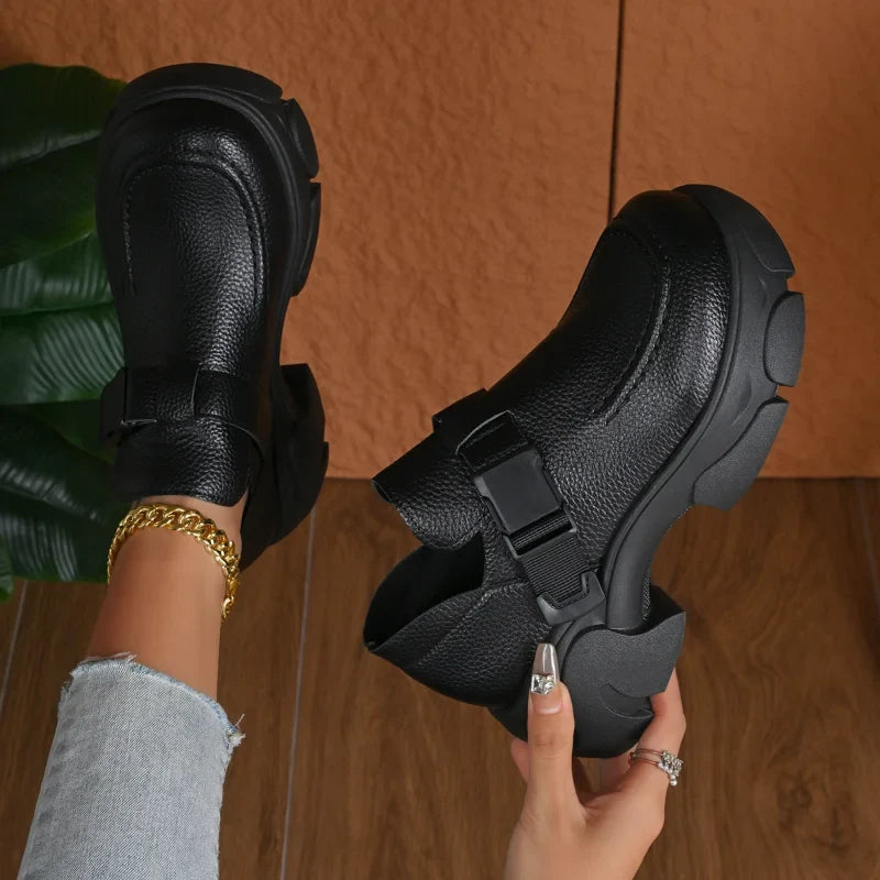 UXST Women's Retro Platform Sneakers – Buckle Leather Shoes