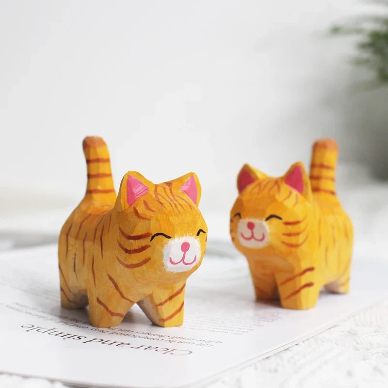 Handmade Basswood Carved Cat Ornament – Kitten Desk Decor