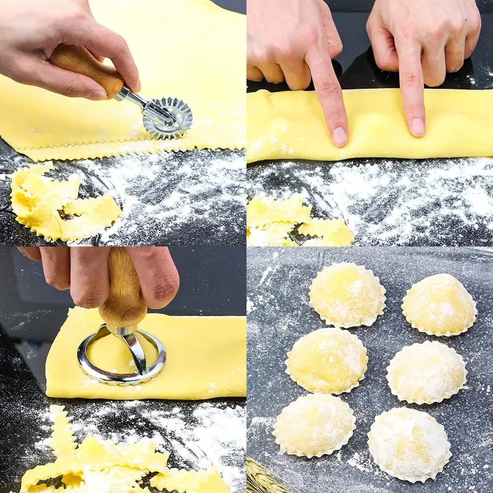 Ravioli Stamp Maker & Cutter Set with Roller Wheel | Wooden Handle