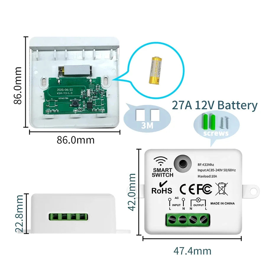 433MHz Wireless Smart Wall Switch 1/2/3 Gang RF Remote Relay