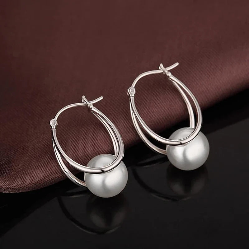 Huitan Imitation Pearl Hoop Earrings for Women – Silver