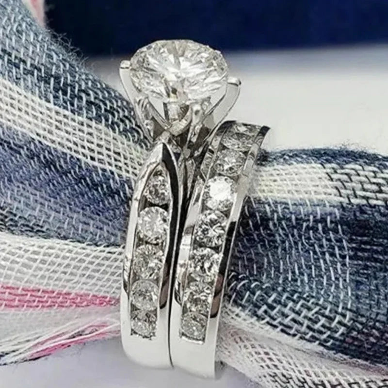 Huitan 2-Piece Round CZ Bridal Ring Set | Women's Eternity Rings